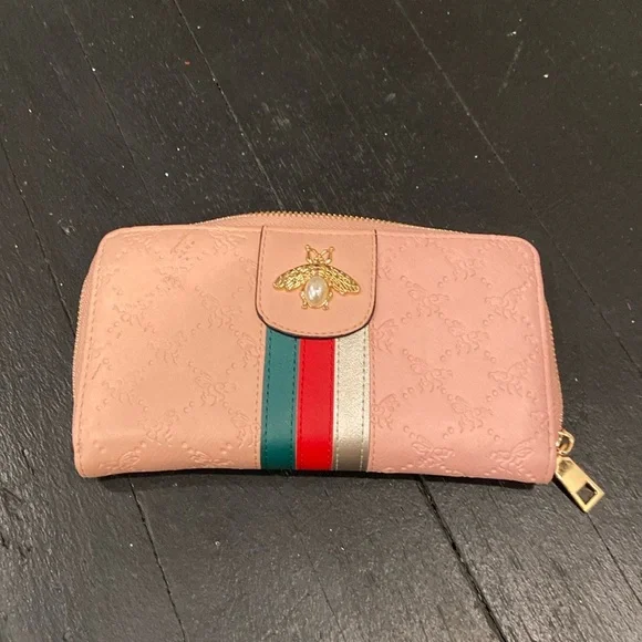 Pink and Green Honey bee Wallet with Gold Hardware and Structured Design - Picture 3 of 9
